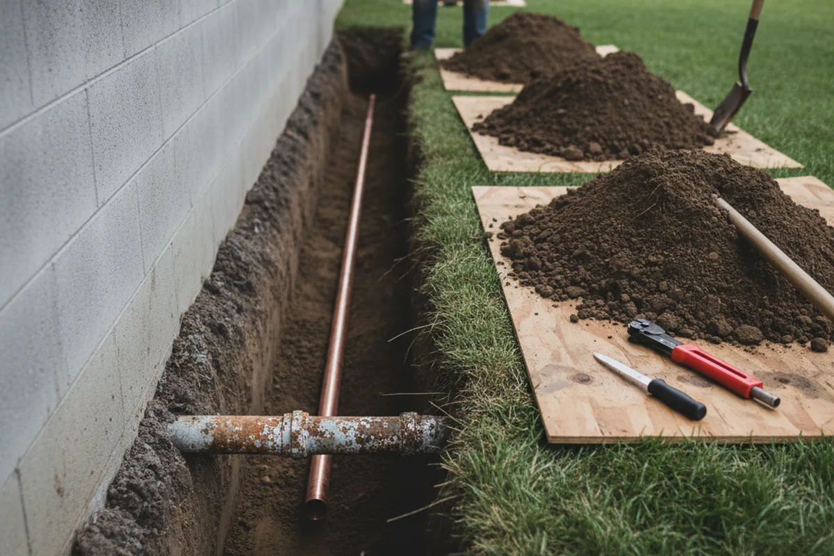 Excavated water line trench during Water Softener Installation in Huntingdon